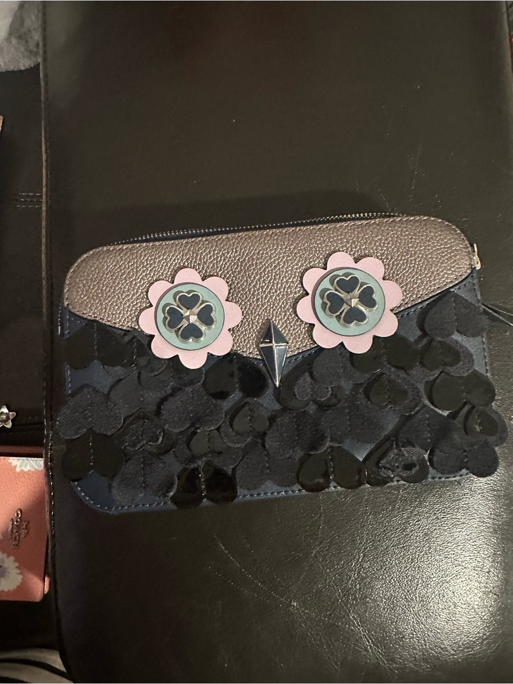 kate spade Navy and Pink Floral Appliqué Wristlet with Metallic Trim